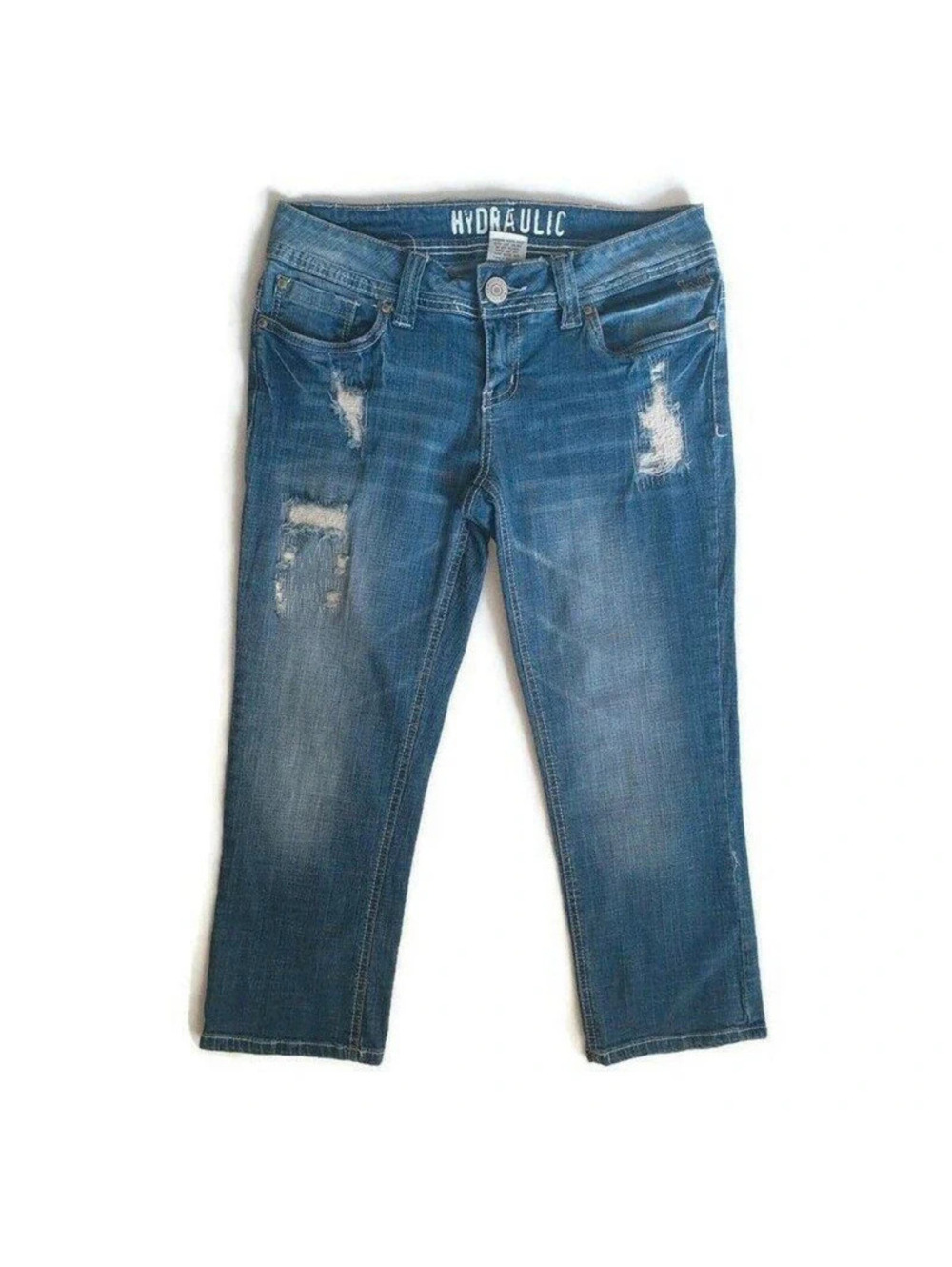 Hydraulic Cropped Denim Jean 5/6 Womens Blue Mid Rise Stretch Distressed